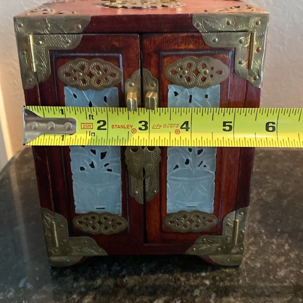 Antique Chinese Rosewood Jade Inlay Brass Hardware Wooden Jewelry Box